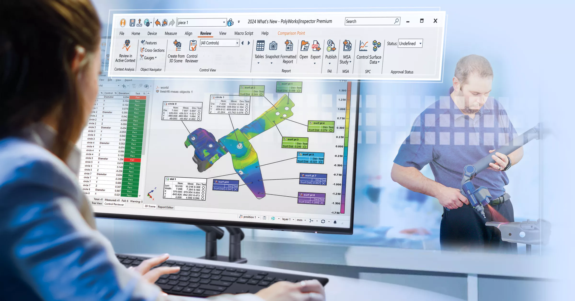 Menu wstążkowe PolyWorks|Inspector 2024, zmodyfikowane interfejsy i kontekstowe paski narzędzi optymalizują przepływ pracy.