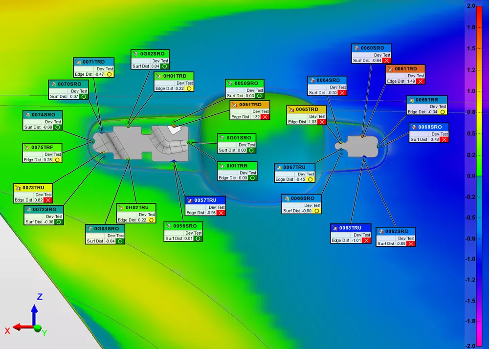 PolyWorks|Inspector 2024 oferuje ulepszoną analizę dzięki widokom kontrolnym w wielu wyrównaniach danych.